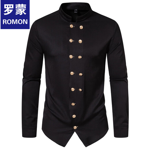 ROMON spring and autumn new long-sleeved shirt men's British retro double-breasted stand-up collar long-sleeved shirt Henry collar shirt white M
