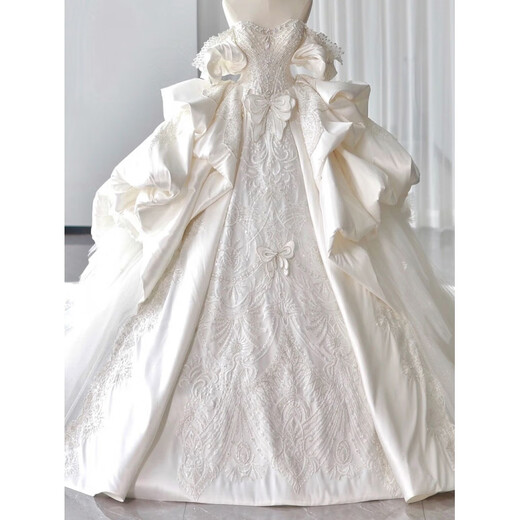 SHANDONGSHAONV French satin one-shoulder heavy-duty wedding dress 2025 new bride fugitive princess large tail main yarn white floor-length wedding dress XS