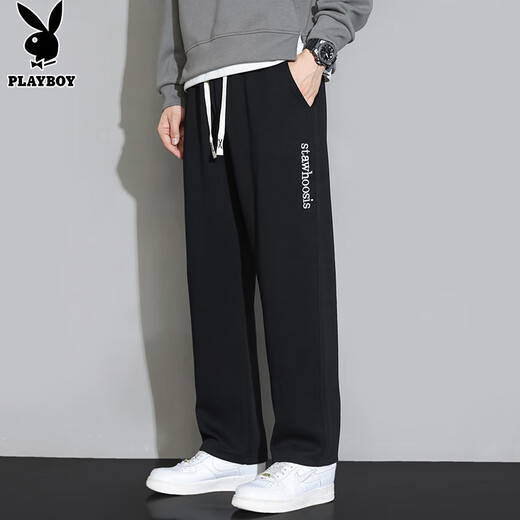 Playboy (PLAYBOY) casual pants men's pants men's autumn and winter wide-leg loose straight sports American sports pants black XL