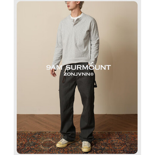 PUGESI Bamboo Cotton Fake Two-Piece Henley Shirt Men's Autumn Cleanfit Bottoming Shirt American Retro Long Sleeve T-Shirt Black XL