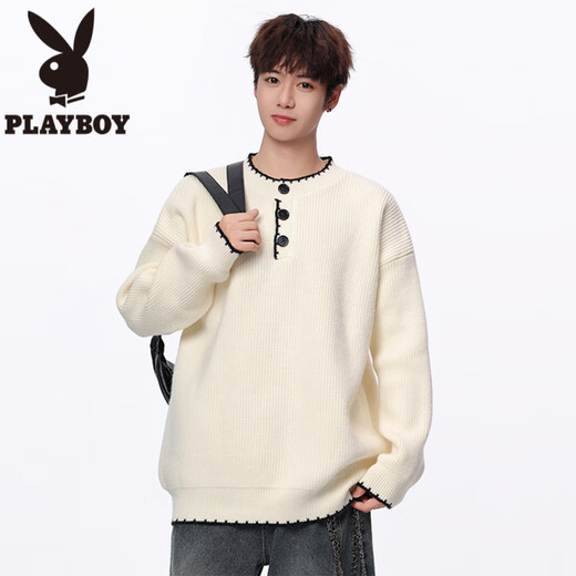 Playboy (PLAYBOY) Henry collar sweater for men in autumn and winter trendy brand blended sports sweater for men, simple and loose youth sweater jacket, off-white M about 95~115Jin Jin equals 0.5kg can be worn