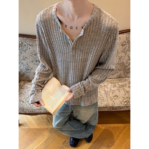 XUANSENTU old money style Henry collar sweater for men and women, autumn shoulder gray long-sleeved T-shirt, loose bottoming sweater, beige, upgraded version M