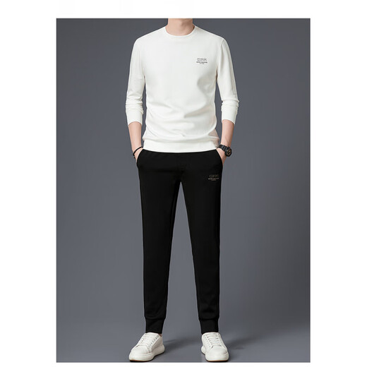 FALAMONE Armani new fashion casual suit pure cotton long-sleeved T-shirt men's sweatshirt sports two-piece set for young and middle-aged people 6061 white black M 165 (100-120Jin Jin equals 0.5 kg)