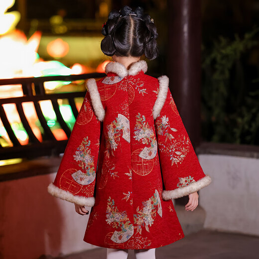 Anneyol Girls' Cheongsam New Year's Eve Costume Winter Chinese Style Children's New Year Hanfu Skirt Thickened Winter Style Red 130