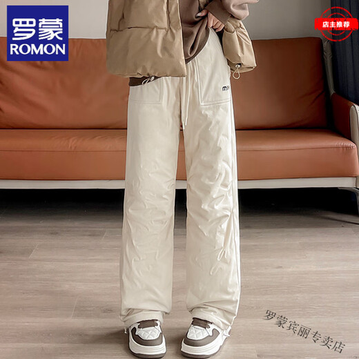 ROMON workwear down pants for women in winter, new style three-proof plus velvet thickening to keep out the cold and warm Northeast straight cotton pants, apricot M 27 (100-110Jin Jin equals 0.5kg)