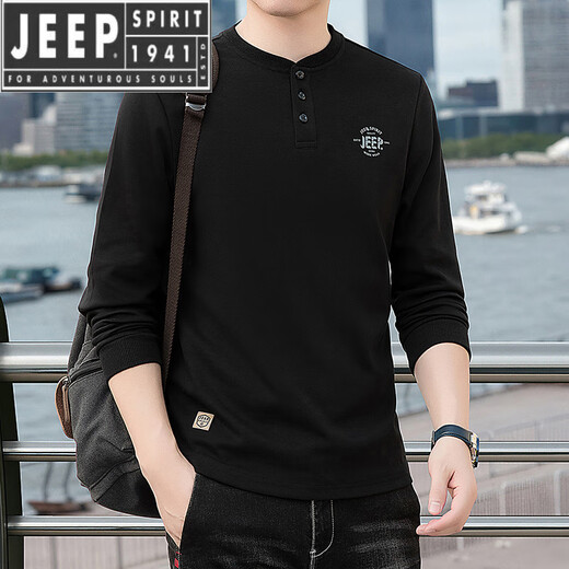 JEEP SPIRIT cotton long-sleeved T-shirt men's spring and autumn versatile casual loose large size T-shirt Henry collar sports sweatshirt trendy black XL (recommended 145-165Jin Jin equals 0.5 kg)