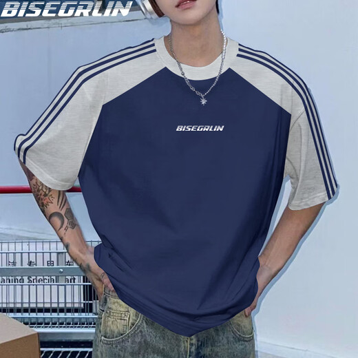 BISEGRLIN men and women summer trends versatile Korean version personalized new niche print T-shirt short-sleeved casual trendy brand printed top Navy blue grey-K1301 white small picture (print in the middle) M