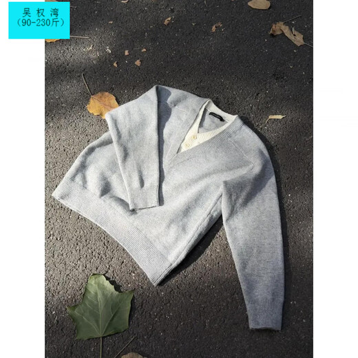 Wu Quanwan old money style deep v-neck fake two-piece sweater men's autumn lazy American retro Henry collar sweater black upgrade black upgrade XL