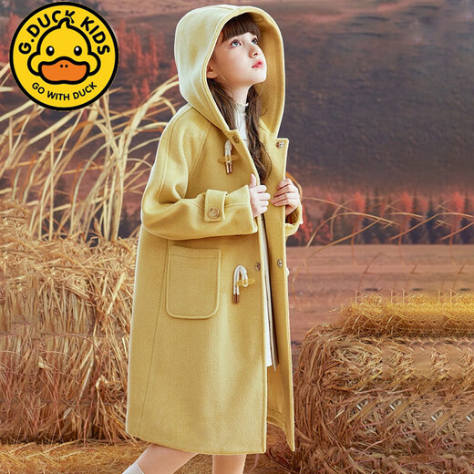
G.DUCKKIDS brand children's wear girls' woolen jacket autumn and winter loose hooded thickened cotton children's woolen coat medium length goose yellow 22-1003 150cm