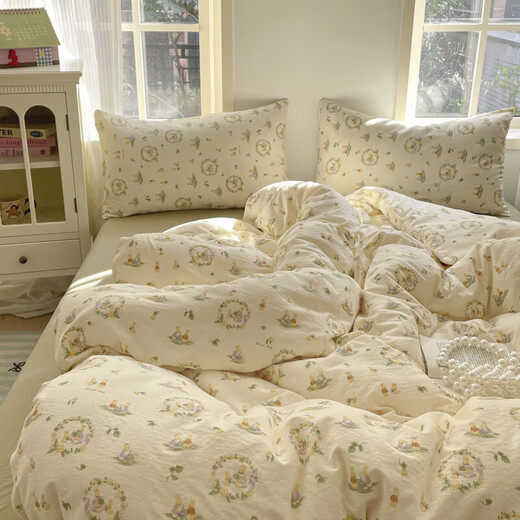 Pure cotton four-piece set of pure cotton bedding 2025 new fresh floral quilt cover dormitory bed sheet three-piece set for four seasons Rabbit's Joy 1.8m bed quilt cover 180*220 bed sheet 230*230 pillowcase 2