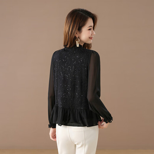 Qian Bai Nian Elegant Fungus Collar Exquisite Lace Long Sleeve Shirt Women's Spring and Autumn New Design Age-Reducing Top Classic Black XXL