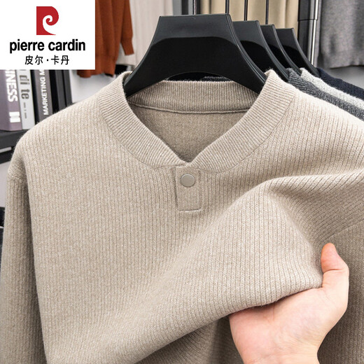 Pierre Cardin 2025 Henry Collar Long Sleeve Sweater Men's Pullover Sweater Bottoming Button Sweetheart Neck Top Autumn and Winter Light Gray XL