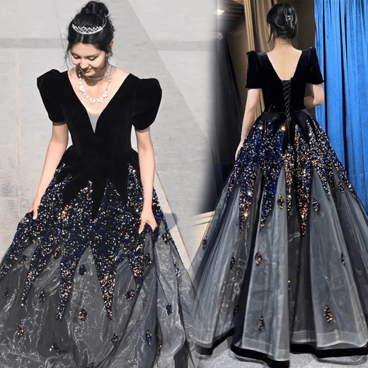 Timochi Piano Performance Clothes Blue Evening Dress Female High-End Atmosphere Student Vocal Arts Exam Folk Song Solo Performance Public Blue M