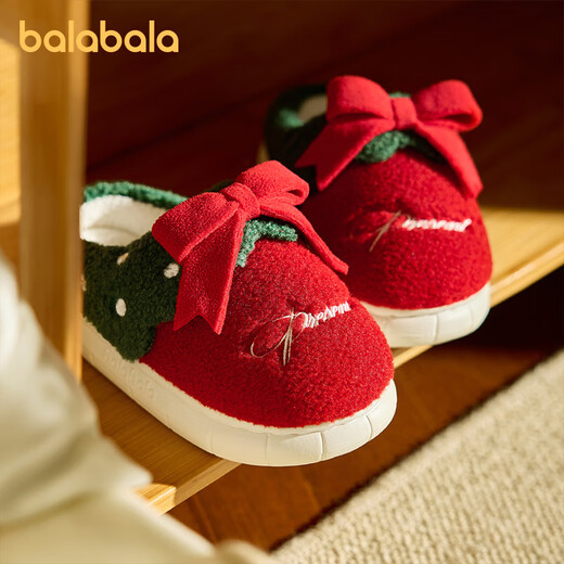 Balabala Children's Cotton Slippers Boys' Winter Velvet Non-Slip Bow Girls' Wool Shoes Warm Indoor Home Slippers Christmas Red 37 Inner Length 24cm Suitable for Feet Length 36-37