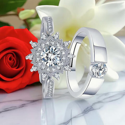 Beimeixing Old Phoenix 999 wedding ring simulation pair of wedding rings for men and women adjustable proposal fake diamond ring T style ring + 1 large velvet gift box