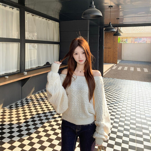 Su Yuwei French high-end white one-shoulder off-shoulder sweater for women in autumn and winter lazy style bat-sleeve sweater inner top, milky white Follow the store - free shipping insurance S (80-95Jin Jin is equal to 0.5kg)