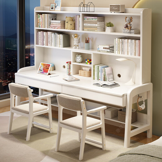 Huixun solid wood desk bookshelf integrated computer desk desk home bedroom extended study table student double writing desk walnut #double desk + bookshelf 160cm*60cm*75cm total height 190cm