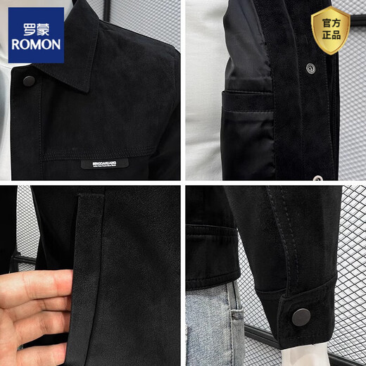ROMON 2025 new spring and autumn jacket men's handsome trendy lapel imitation suede autumn top men's trendy jacket black M (recommended 90-110Jin Jin equals 0.5 kg)
