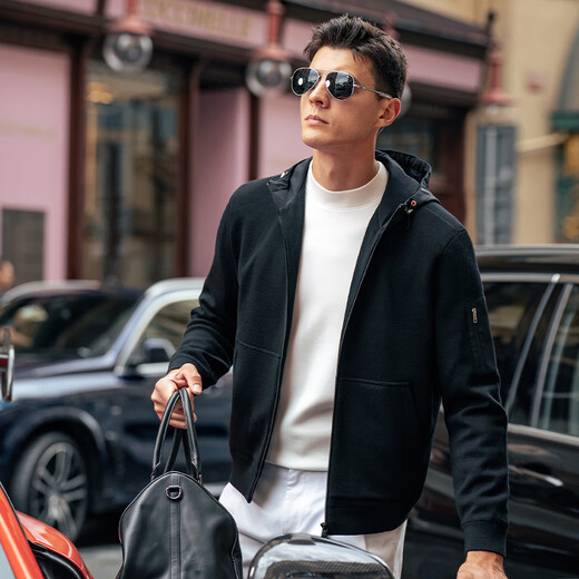 Mr. Bu Fashion Simple Hooded Jacket 2025 Autumn New Men's Autumn Clothing Thickened Wool Cardigan BT16959 Piano Black M (170)