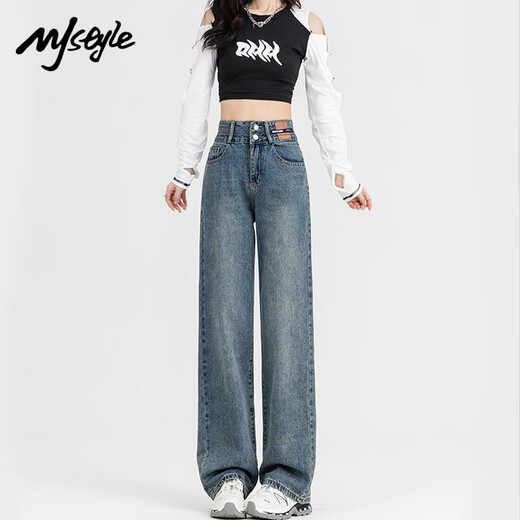 MJ STYLE Jeans Women's 2025 Autumn and Winter New High Waisted Wide Leg Pants Narrow Version Slim Versatile Women's Pants Retro Blue M