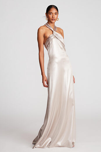 Halston Women's Raelynn Metallic Crepe Gown Champagne 6