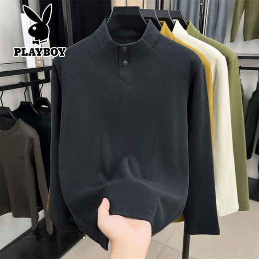 Playboy autumn and winter new Henry collar German velvet long-sleeved T-shirt for young and middle-aged men two-button stand-up collar casual bottoming shirt sweatshirt for men black gray S 165