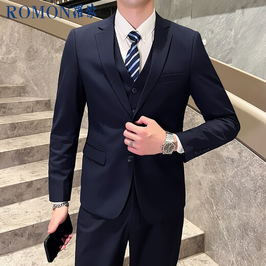ROMON suit men's business slim suit men's professional formal wear groom wedding dress jacket black 2XL