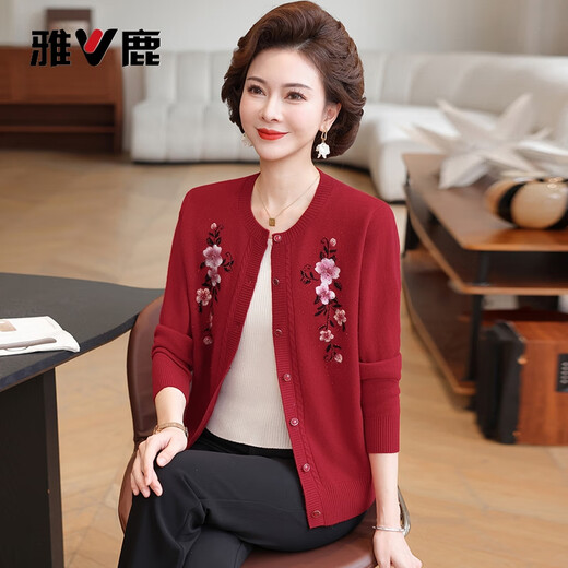 Yalu 100% sheep sweater women's cardigan mother's wear new winter style middle-aged and elderly temperament knitted warm sweater jacket for women