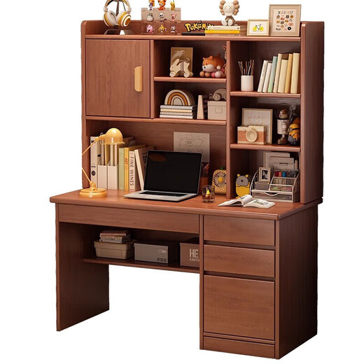 Solid wood home computer desk study table bookshelf bookcase integrated combination office writing table solid wood ecological board 120cm warm white cabinet door
