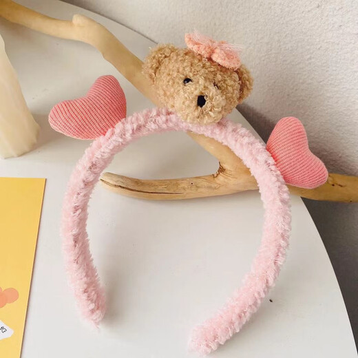 Bo Na Ling Super Cute Bear Headband Female 3D Cartoon Plush Doll Girl Heart Hairband Washing Hairpin Wide-brimmed Hair Accessory Pink Care Bear Hairband