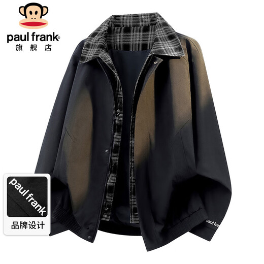 Paul Frank Jacket Men's Spring and Autumn Lapel Plaid Jacket Men's Casual Loose Fake Two-piece Top Black XL