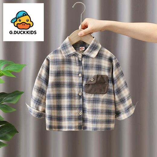 G.duck little yellow duck boys' shirt 2025 new children's tops baby long-sleeved boys autumn plaid shirt blue clothes are too small, need to take a larger size 80 cm