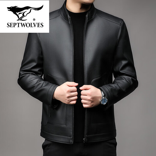 SEPTWOLVES stand collar leather jacket for men middle-aged dad autumn and winter new leather jacket men's business casual plus fleece leather jacket black thin 2XL 185 (suitable for weight 150-165)
