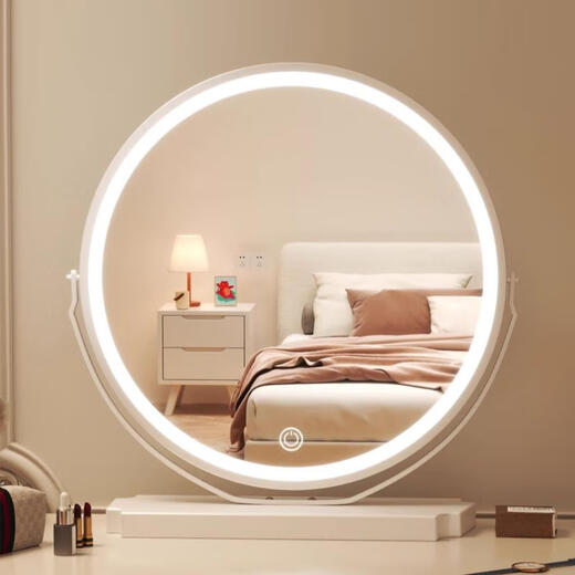 Dresser with light, smart LED makeup mirror, simple girl's home bedroom student dormitory table, white, plug-in model, reversible diameter 30CM