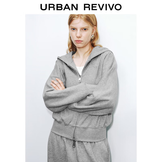 UR2025 autumn new women's casual simple hooded double zipper loose jacket UWJ150056 flower gray S