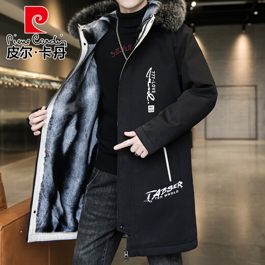 Pierre Cardin parka men's velvet windbreaker jacket winter thickened warm mid-length coat trendy student cotton coat cotton jacket 917 military green XL