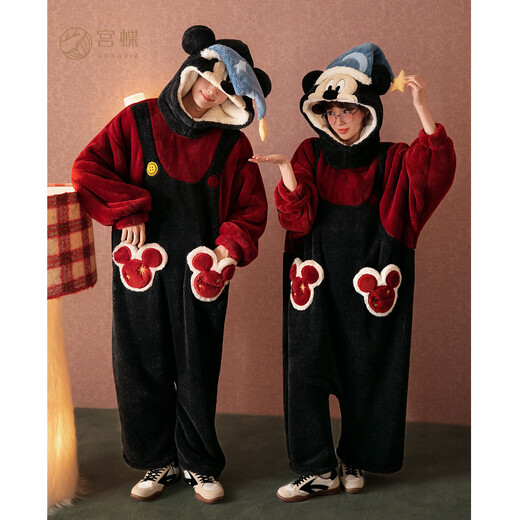 Gongdie thermal storage type Disney Mickey couple pajamas for women autumn and winter thickened coral velvet one-piece home clothes for men