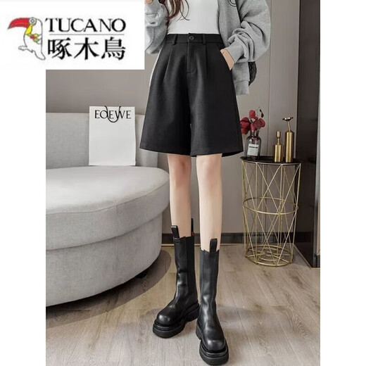 啄木鸟（TUCANO）高腰棕色毛呢五分裤2025新款女春秋冬直筒西装裤外穿休闲阔腿短裤 【109】黑色 【毛呢面料】 3XL 150-170斤