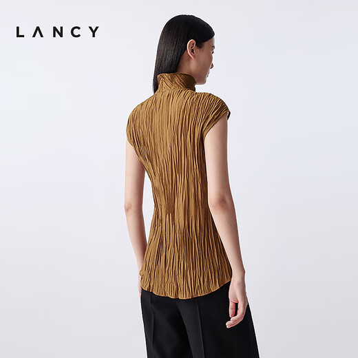 Langzi/LANCY2025 Winter New Design Fashionable High Collar Sleeveless Shirt Women's Retro Pleated Short Top Women Autumn Leaf Yellow M
