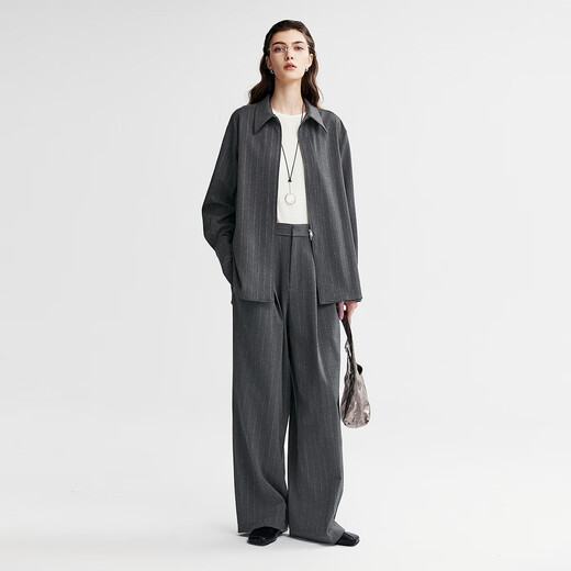 Chumian Gaozhi Elite Chumian Pinstripe Shirt Suit Women's 25th Autumn New Double-ended Zipper Shirt Loose Pants Gray Stripe-Shirt L