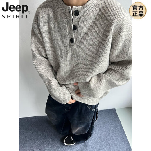 JEEP SPIRIT cleanfit heavyweight sweater jacket men's American lazy style retro Henry collar single-breasted sweater gray upgraded high-quality sweater M