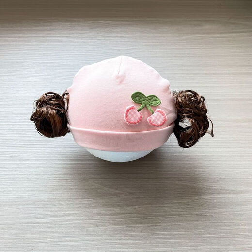 Baby girl hat spring and autumn pure cotton baby fetal cap cute super cute little month old hat playful wig hat new style big red pink wool thread cherry one size fits all 3-6 months pure cotton extra large elasticity does not tie the head