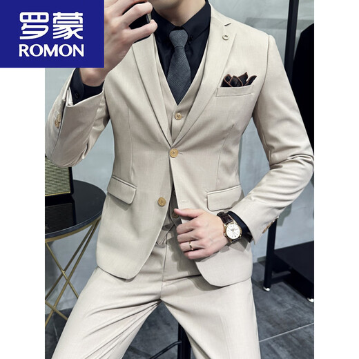 ROMON men's business casual suit formal fit groom wedding dress white three-piece suit for men one button white suit jacket with tie XS 160 weight 90-Jin Jin equals 0.5 kg