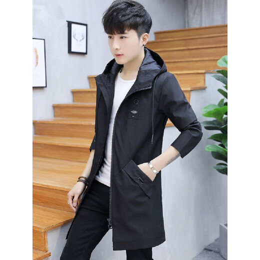 Huanyi Hangzhou Italian-French windbreaker men's mid-length men's autumn coat 2025 men's spring and autumn slim handsome jacket casual cloak small square (black plus velvet 3XL