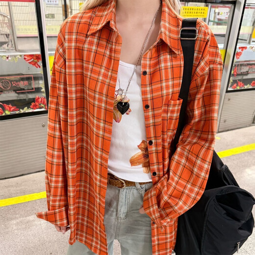 Zhenxiqi American retro plaid long-sleeved shirt for women 2025 autumn and winter new loose and versatile casual high street shirt jacket trendy orange plaid S suitable for 85~100Jin Jin equals 0.5 kg