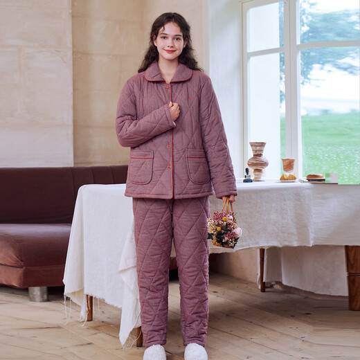 American Standard's new three-layer thickened cotton couple pajamas set men's cotton casual plaid can be worn outside home clothes, deep sea blue XL