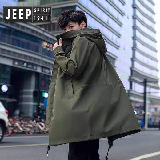 JEEP SPIRIT Мужская ветровка Jeep на весну и осень средней длины, зеленое повседневное пальто в стиле милитари, новое пальто 2025 года, мужское стильное тонкое зеленое пальто в стиле милитари, тонкое XL на весну и осень