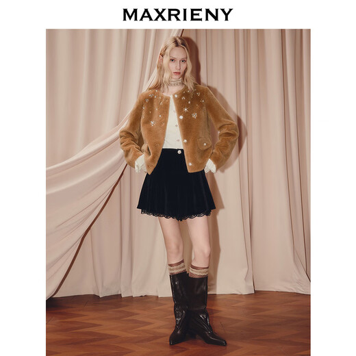 MAXRIENY French Retro Waist A-Type Velvet Shorts 25 Autumn Style Lace Splicing Umbrella Hem High Waist Skirts Women Black S