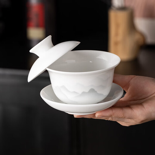 Suet-fat jade white porcelain Kung Fu tea set household infusion bowl teacup ceramic high-end complete set Mid-Autumn Festival gift box 10-head Xia Feng Yuanshan covered bowl six-cup Chinese gift orange box