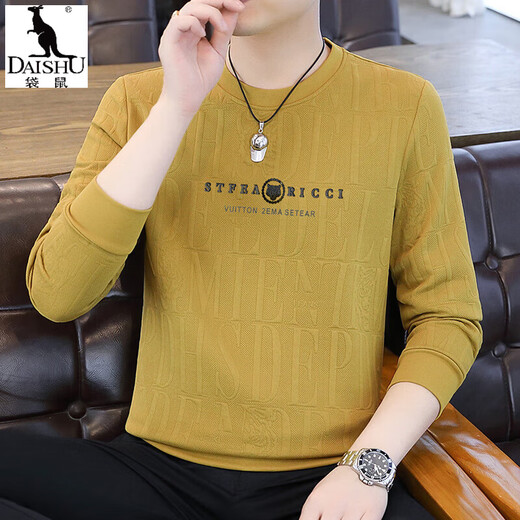 Kangaroo (DAISHU) spring and autumn long-sleeved T-shirt men's round neck slim autumn coat casual inner wear autumn and winter 2025 new small shirt sweatshirt 20662-Q5608-khaki regular L 115-130Jin Jin equals 0.5 kg